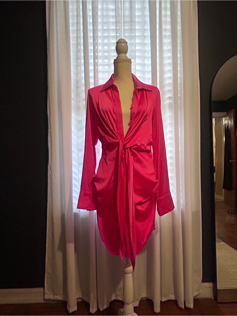 Satin Tie-Front Dress Hot Pink